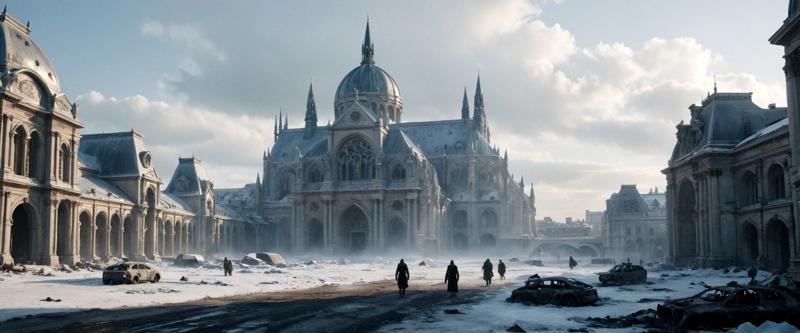 21533-3121613487-cinematic ground view of 2077 landscape of a frozen futuristic Paris, haussman architecture, Grand Palais, Le Louvre, Notre Dame.jpg